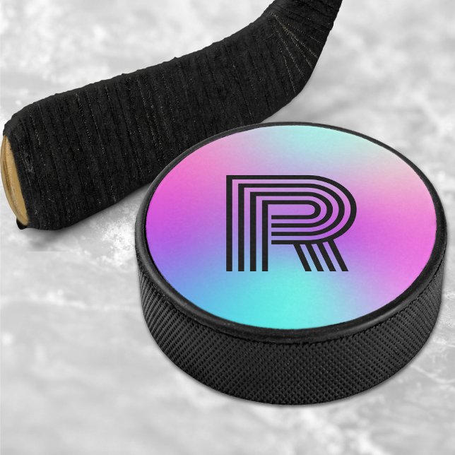 Monogramme néon rose bleu et violet ombre (Neon Pink Blue & Purple Ombre Monogram Hockey Puck)