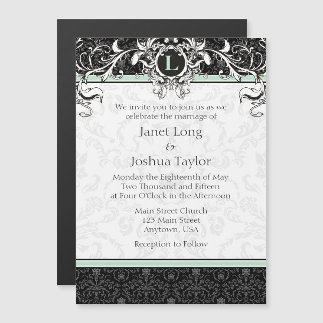 Monogramme noir à la menthe Faire-part de mariage  (Devant / Derrière)