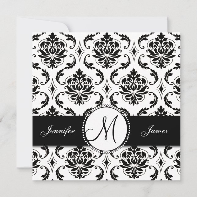 Monogramme noir blanc Damas Faire-part de mariage (Devant)