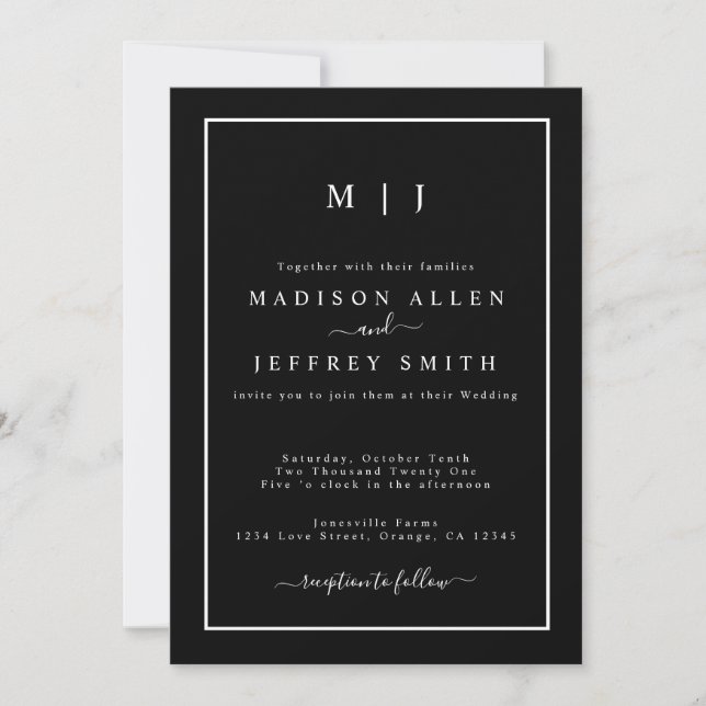 Monogramme noir blanc Faire-part de mariage minima (Devant)
