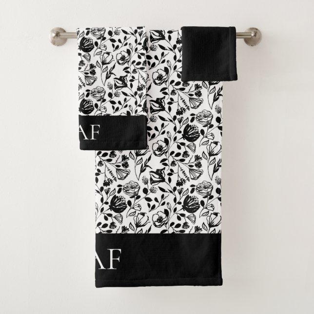 Monogramme Noir Blanc Floral Line Art Cadeau (En situation)