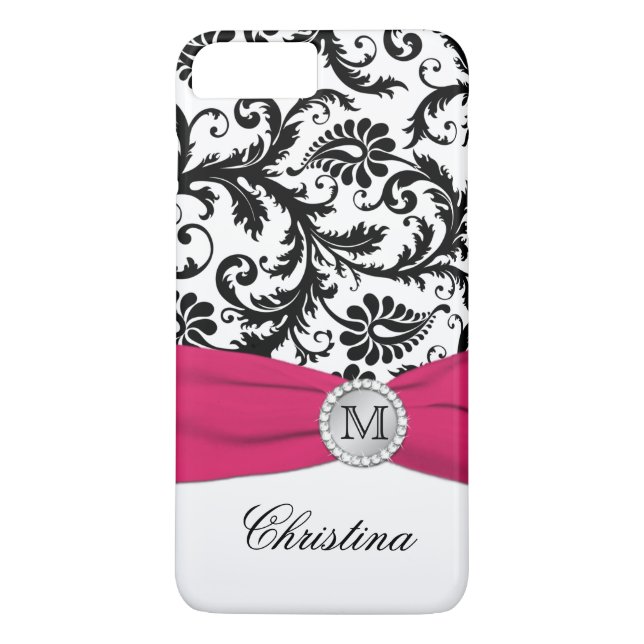 Monogramme noir, blanc, rose Damask iPhone 7 Coque (Dos)