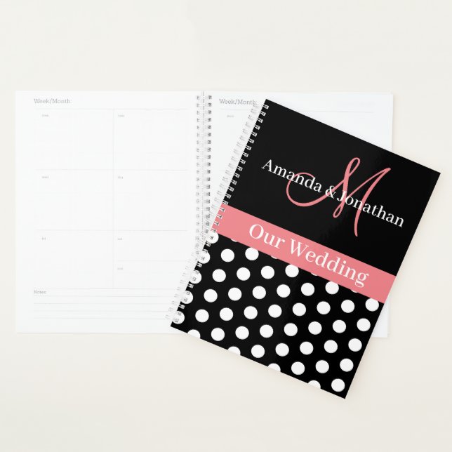 Monogramme noir blanc rose Mariage de point Polka (Devant avec enveloppe)
