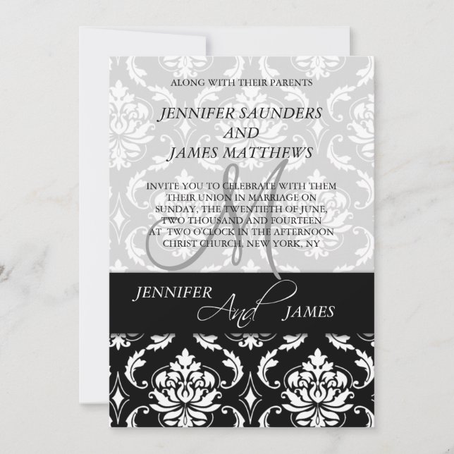Monogramme noir Damas Noms des invitations de mari (Devant)