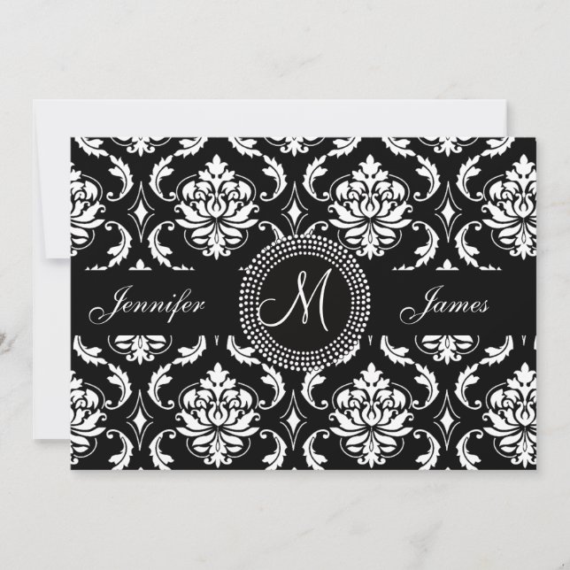 Monogramme noir et blanc Damas Faire-part de maria (Devant)