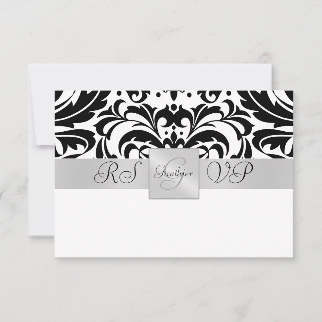Monogramme noir et blanc Demi-Damas RSVP Invitatio (Devant)