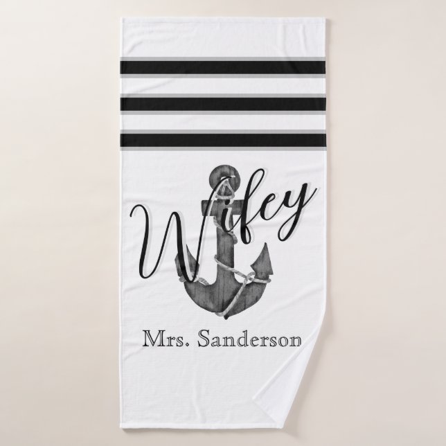 Monogramme noir noir blanc de mariée Ancre (Serviette de bain)