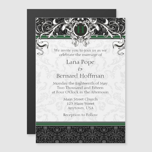 Monogramme noir vert Faire-part de mariage magnéti (Devant / Derrière)
