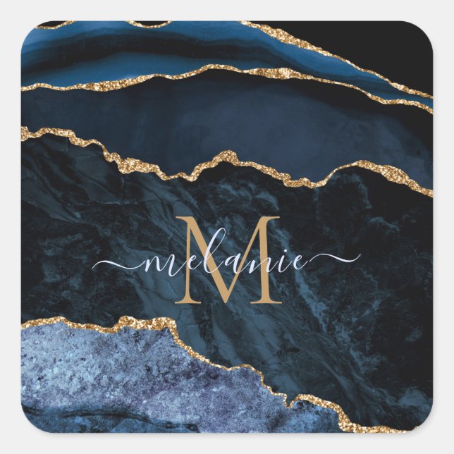 Monogramme Nom Agate Marine Bleu Sticker en marbre (Devant)