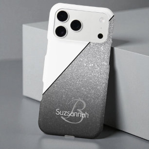 Monogramme Nom Chic Blanc Paillettes Argent Ombré