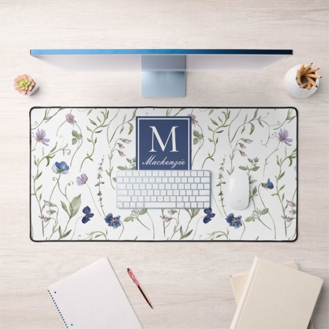 Monogramme Nom Fleur Sauvage Bleu Violet (Bureau 1)