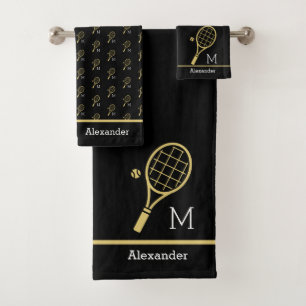 Monogramme Nom Tennis Racket Ball Gold Black 