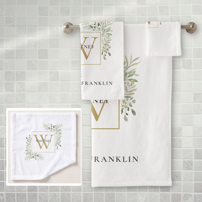 Monogramme Or Chic Eucalyptus Vert (Chic Gold Monogram Eucalyptus Greenery Bath Towel Set)