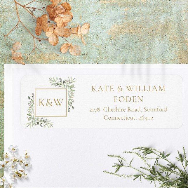 Monogramme or Greenery Adresse de feuillage (Gold Monogram Greenery Foliage Address Label)