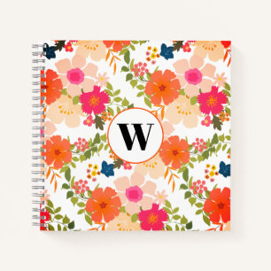 Monogramme Orange motif floral Carnet spirale