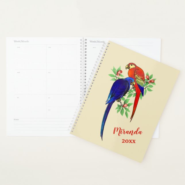 Monogramme Parrots Bleu Fleurs rouges Bleu Planneu (Devant avec enveloppe)