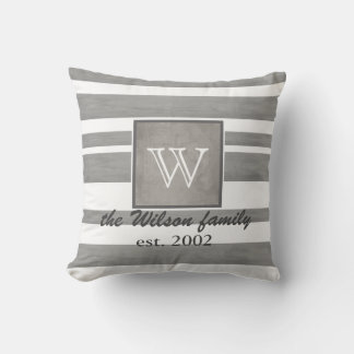monogramme personnalisé coussin rayures gris et bl