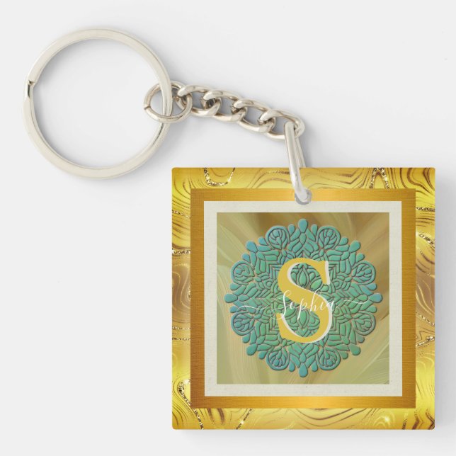 Monogramme personnalisé Mandala Gold et bleu (Devant)