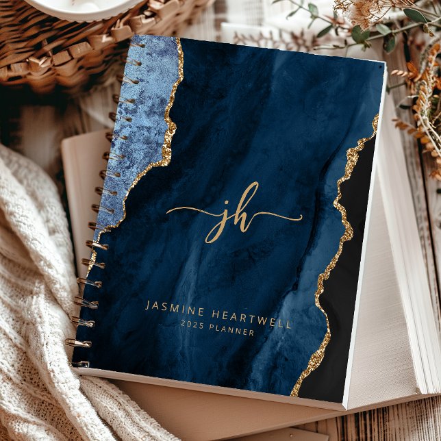 Monogramme personnalisé Marine Blue Gold Agate 202 (Créateur téléchargé)