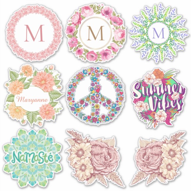Monogramme personnalisé / Nom autocollants de fleu (Devant)