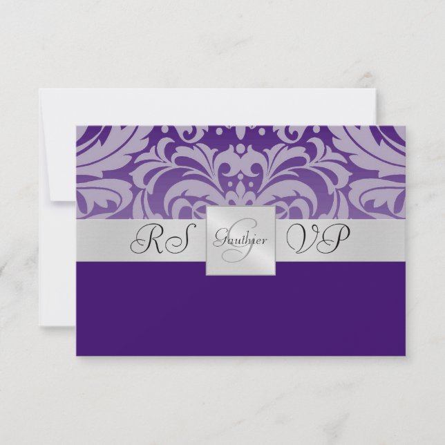 Monogramme pourpre Demi Damas RSVP Répondre Invita (Devant)