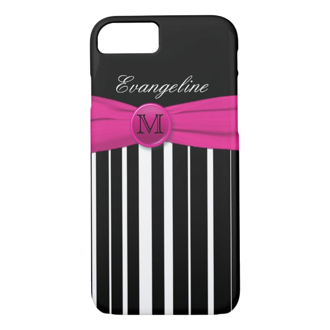 Monogramme rose blanc noir rayé iPhone 7 Coque (Dos)