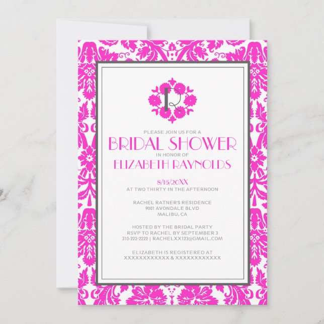Monogramme rose chaud Damask Invitations de douche (Devant)