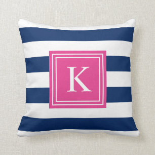 Monogramme rose chaud et marine rayé   Oreiller
