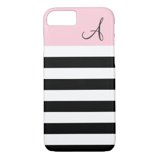 Monogramme rose et noir rayé iPhone 7 Coque