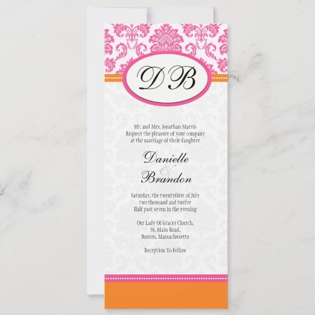 Monogramme rose et orange damassé Faire-part de ma (Devant)