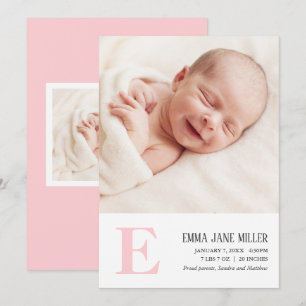 Monogramme rose Faire-part de naissance bébé Carte