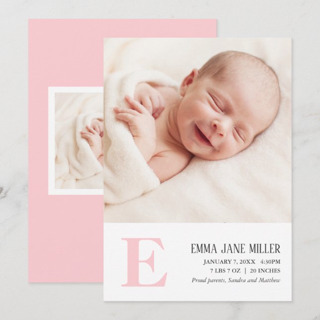 Monogramme rose Faire-part de naissance bébé Carte (Devant / Derrière)