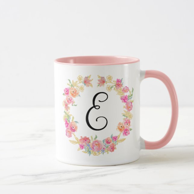 Monogramme rose mou (E) Fleur Flower Wreath Mug (Droite)