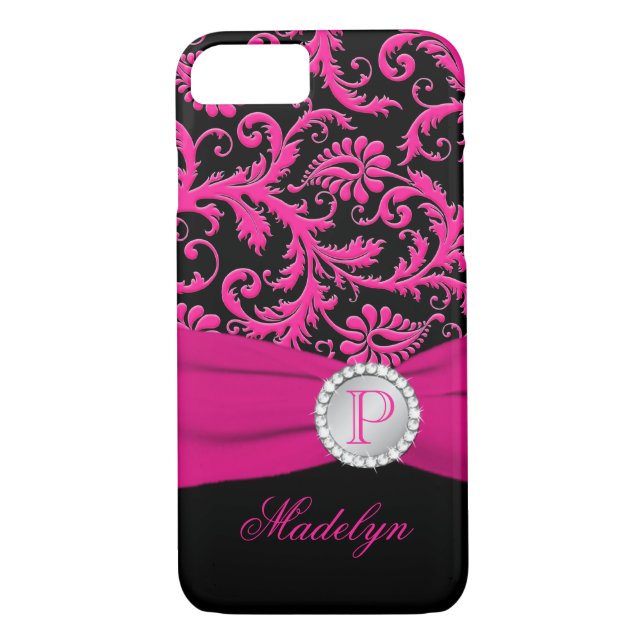 Monogramme rose noir argent Damask iPhone 7 Coque (Dos)