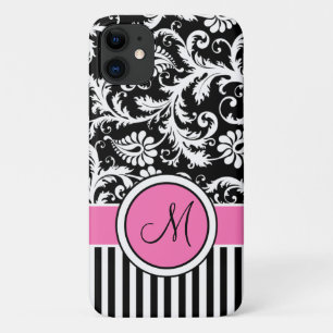 Monogramme rose, noir, blanc Coque Damas rayé