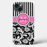 Monogramme rose, noir, blanc Coque en damas rayé