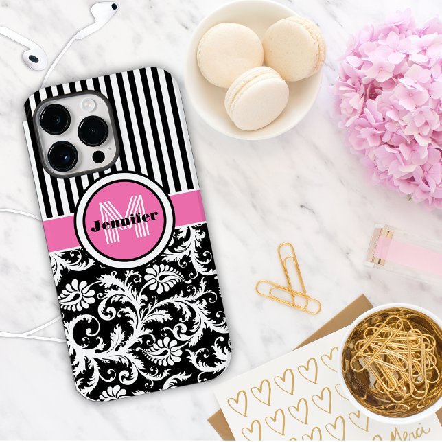 Monogramme rose, noir, blanc Coque en damas rayé (Créateur téléchargé)