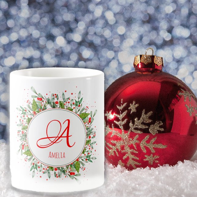 Monogramme Rouge Noël élégante lettre Café Mug (Créateur téléchargé)