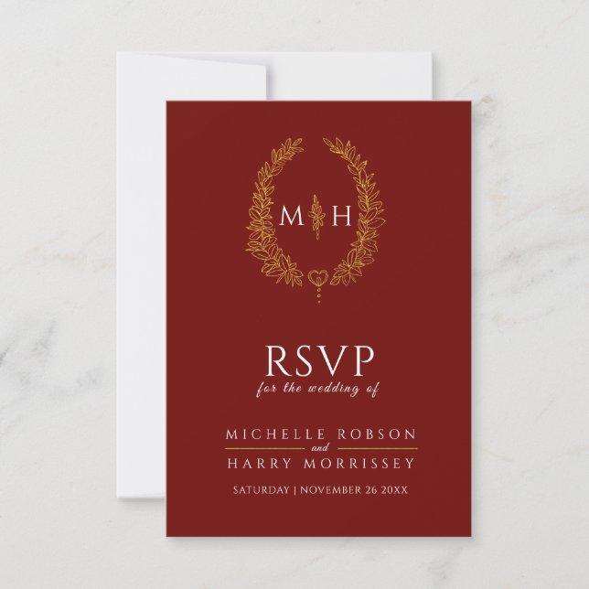 Monogramme RSVP mariage de feuille d'or rouge de B (Devant)