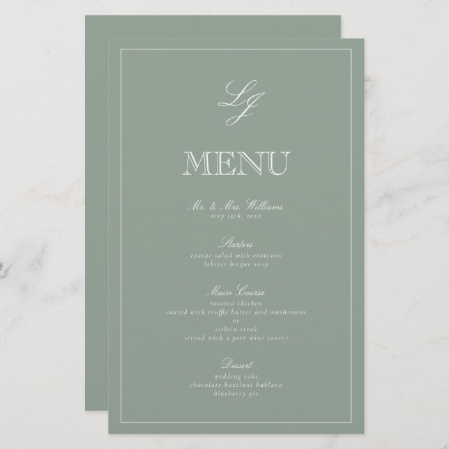 Monogramme Sage Green Script élégant Menu Mariage (Devant / Derrière)