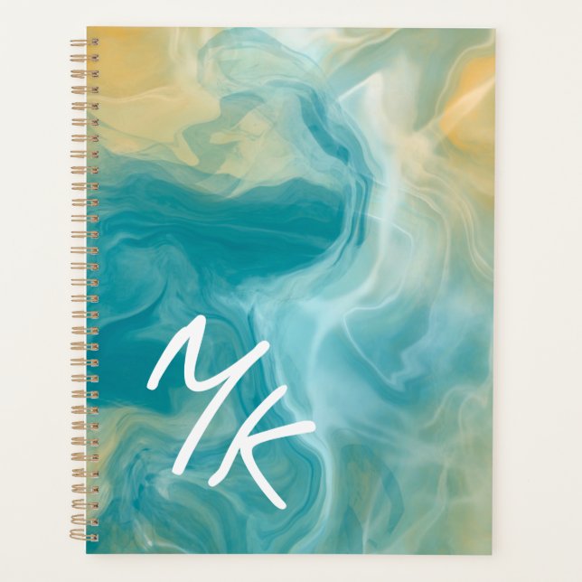 Monogramme Sandy Brown Ocean Blue Fluid Art (Devant)