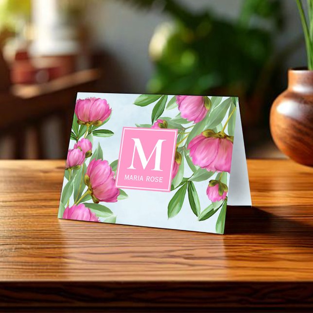 Monogramme simple Nom Floral Personnalisé (Simple monogram pink floral note card.)