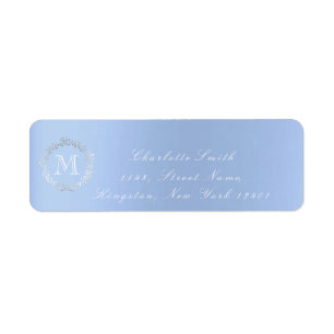 Monogramme Sky Blue Grey Silver Wreath Blush RSVP