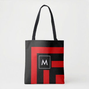 Monogramme sur sac fourre-tout rayé noir et rouge