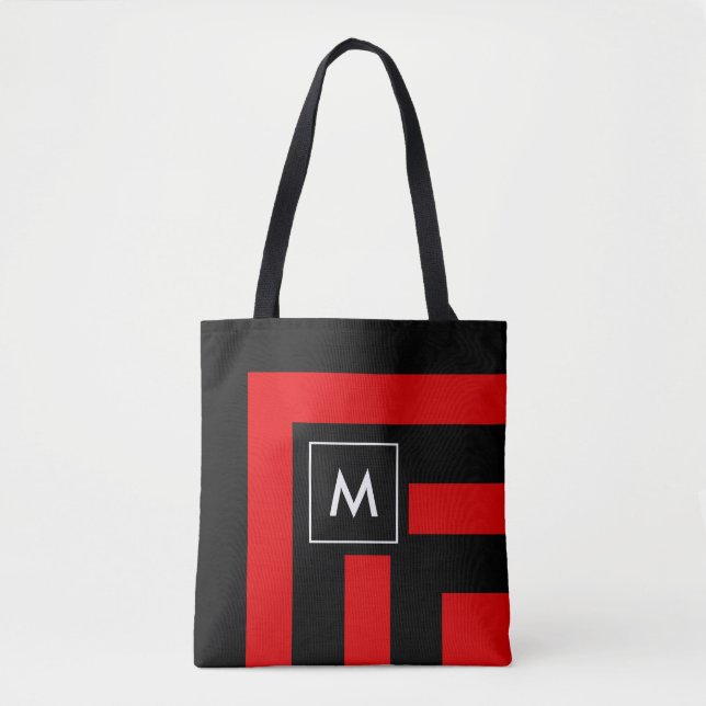 Monogramme sur Sac fourre-tout rayé noir et rouge (Devant)
