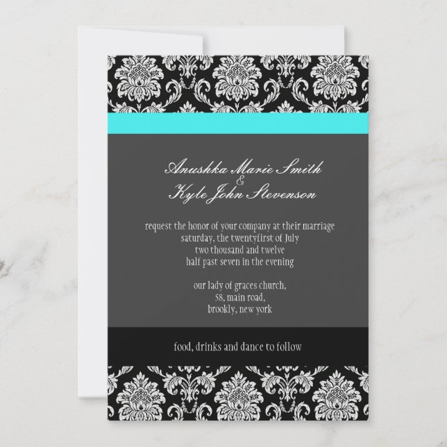 Monogramme turquoise Damask Faire-part de mariage (Devant)