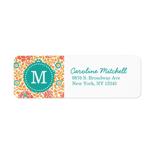 Monogramme turquoise et orange rétro de Damas flor (Devant)
