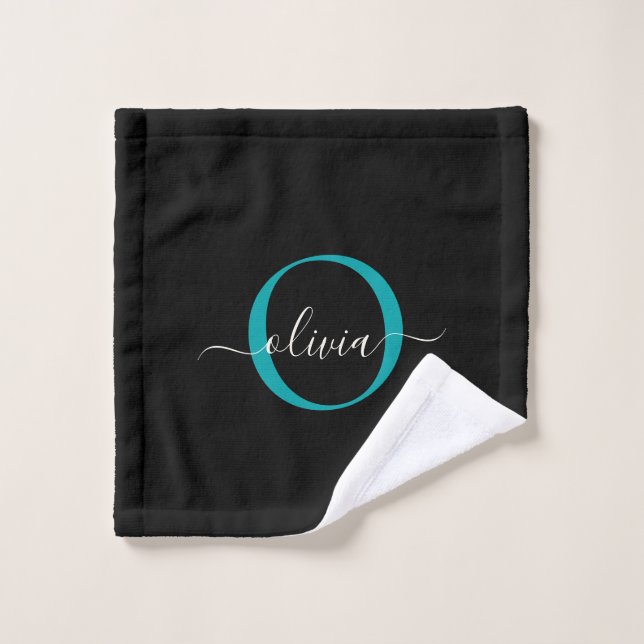 Monogramme Turquoise noir moderne Nom du script (Gant de toilette)