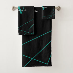 Monogramme Turquoise noir moderne Nom géométrique 