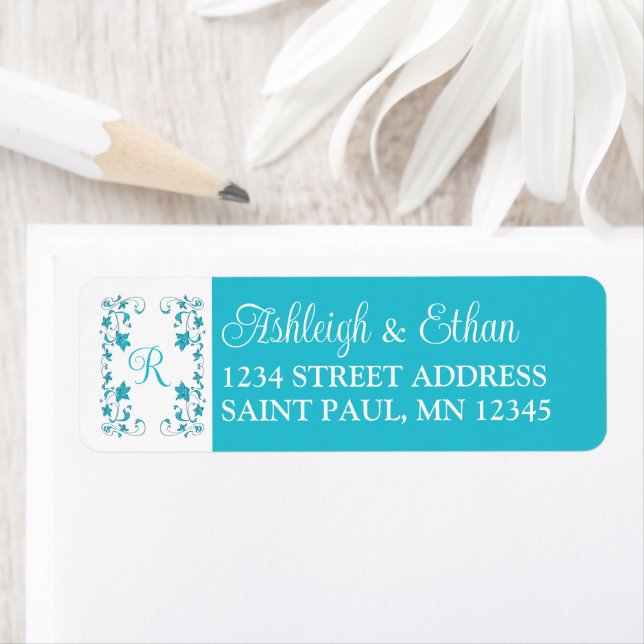 Monogramme Turquoise, White Floral Mariage Adresse (En situation)